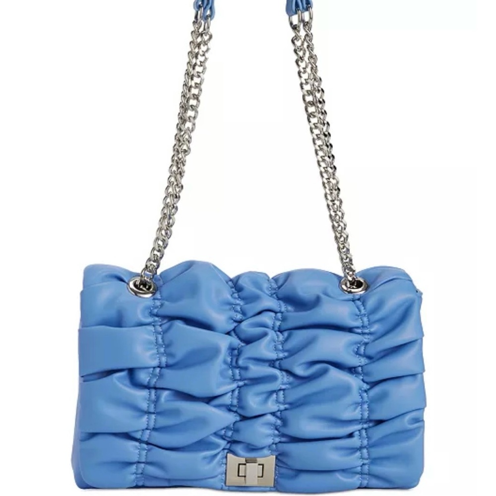 INC International Concepts Soft Ajae Faux Leather Ruched Shoulder Bag Blue Small